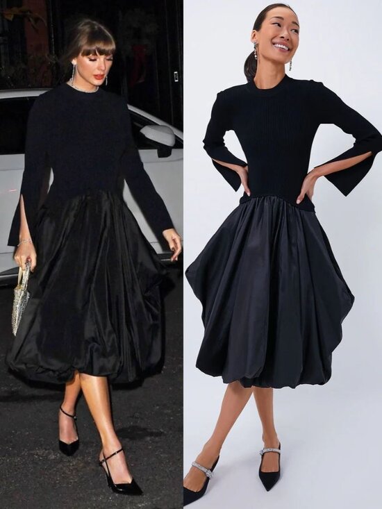 Jonathan Simkhai Dresses & Skirts - Simkhai Kenlie‎ Black Midi Dress Ribbed Knit Mock Neck Taffeta Taylor Swift L